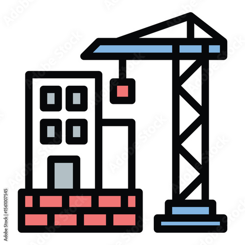 Building construction icon flat line style illustration representing structural development and engineering processes, suitable for architecture, real estate, and construction project visuals