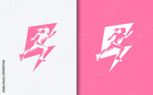 Minimalist logo combining thunderbolt and female runner in pink color. Perfect for women’s athletic brands, fitness, speed, and energetic sport lifestyle identity.