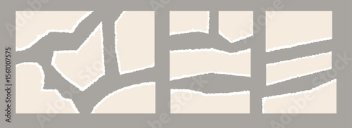 Light beige torn paper pieces set. Ripped paper sheet strips collection. Elements and shapes with uneven jagged edges for sticker, collage, text box, badge, poster. Vector cardboard texture fragments
