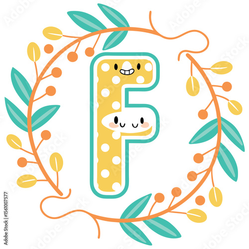 Whimsical Letter F with Polka Dots and Floral Wreath