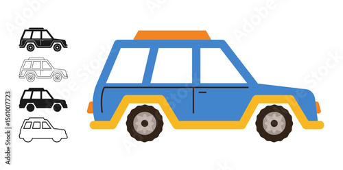 Car jeep icon symbol cartoon set. Hand drawn cute automobile suv car in different styles colored silhouette outline collection. Simple children funny auto truck transport icon vector illustration