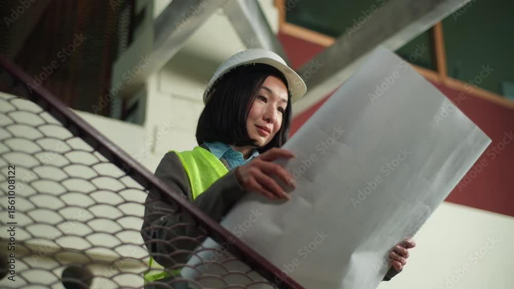 Korean Chinese business woman holding blueprint smiling businesswoman Japanese Asian female building construction plan project satisfied builder happy girl architect boss civil engineer in hard hat