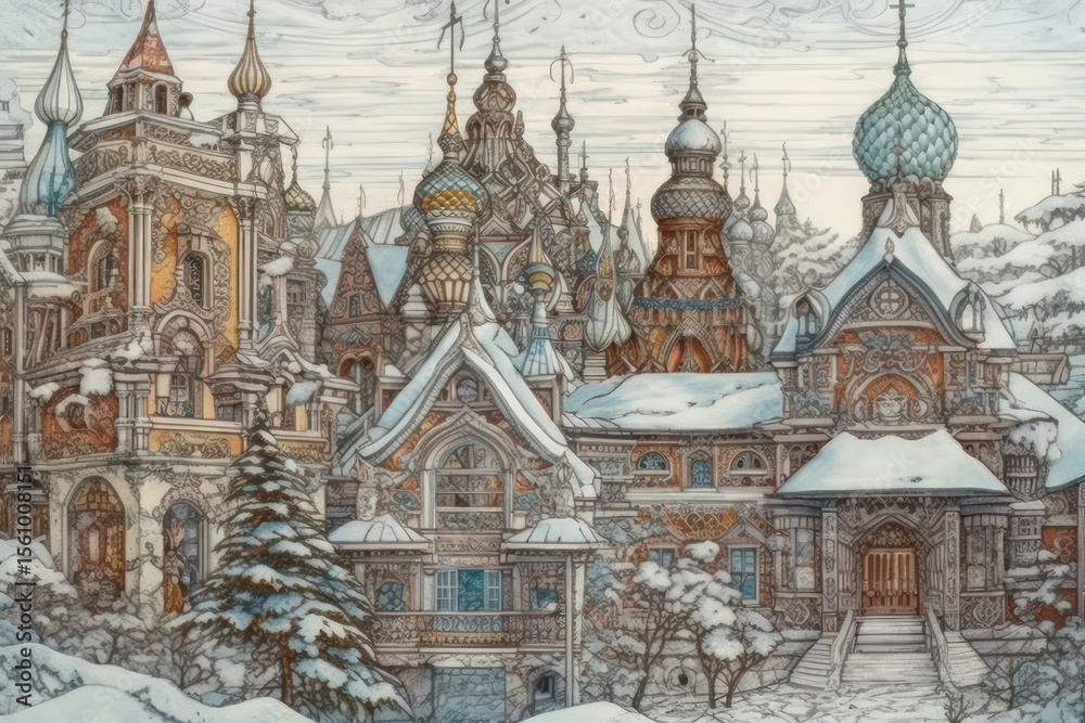 Obraz premium An artistic illustration of a winter fairy-tale town with Russian-style architecture. 