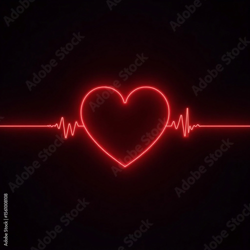 Pulse of Love: A vibrant red neon heart illuminated by an electrocardiogram (ECG) line on a dark background