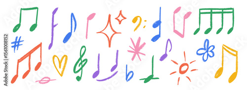 Hand drawn music notes and symbols set. Chalk doodle musical sign collection. Charcoal brush scribble music elements, sun, heart, stars bundle. Colorful crayon sketch music keys and clefs pack. Vector