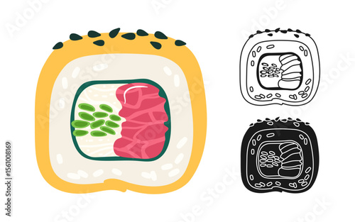 Sushi roll with omelet, tuna symbol cartoon set. Traditional Asian Japanese food linear doodle icon. Sushi seafood vector illustration. Doodle design sign for oriental menu, cafe, bar, restaurant