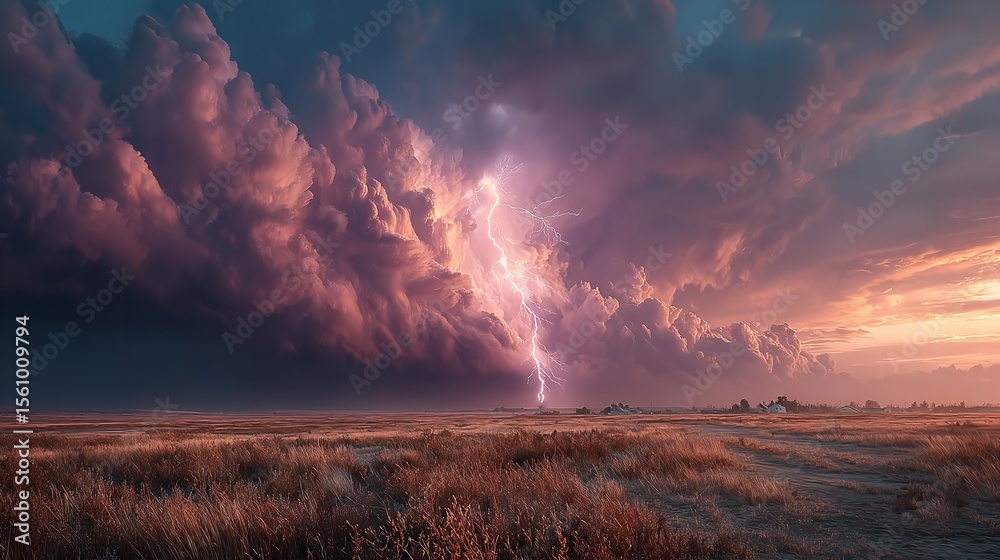 Fototapeta premium Lightning Storm Over Field in Roswell, New Mexico – Dramatic Weather Scene.