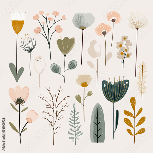 Plant leaves and flower textures, exquisite vector floral patterns.