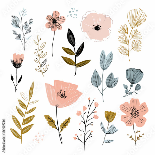 Plant leaves and flower textures, exquisite vector floral patterns.