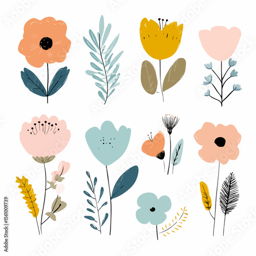 Plant leaves and flower textures, exquisite vector floral patterns.