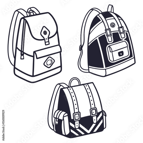 Three stylized backpacks with straps and pockets rucksack travel