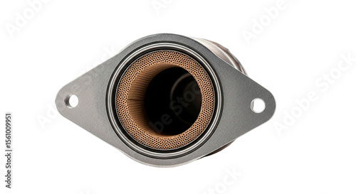 Close-up of a catalytic converter, highlighting its internal honeycomb structure.