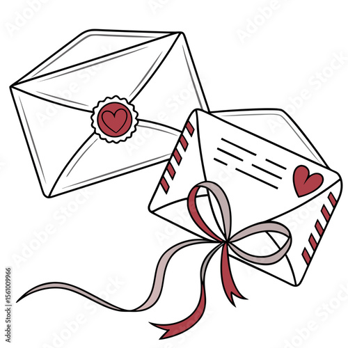 Two romantic envelopes with hearts and ribbons letter love
