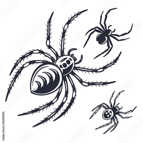 Stylized dark spiders on white background arachnid insect