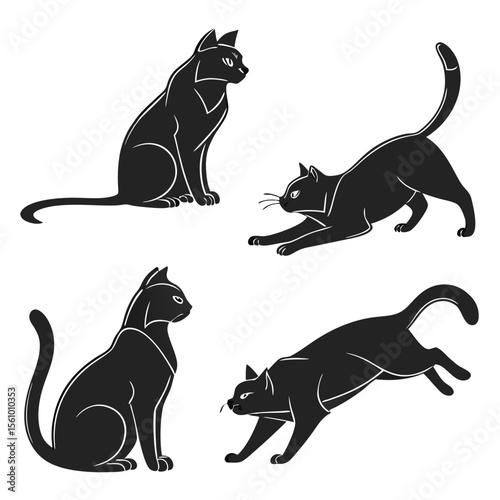 Black cats sitting stretching and leaping stylized feline animal