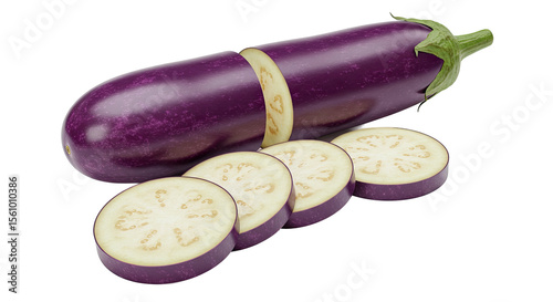 Fresh eggplant with slices arranged on a black surface for a healthy meal
