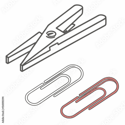 Clothespin and paperclips isometric outline icons stationery office supplies