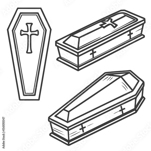 Three coffins with crosses on white background casket funeral