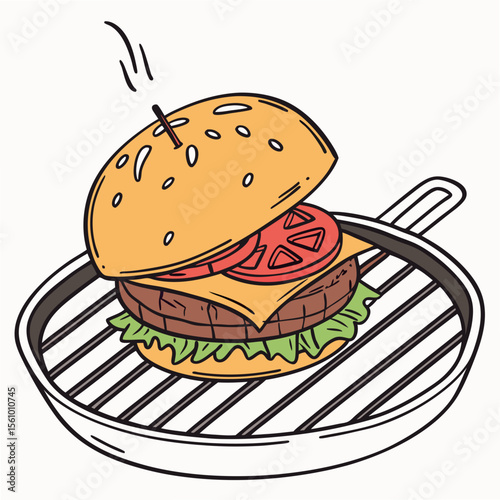 Juicy burger cooking on grill with tomato and lettuce hamburger frying pan
