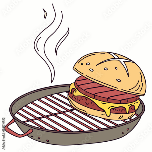 Burger cooking on grill with steam barbecue food
