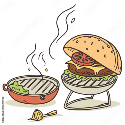 Burger cooking on grill with lime squeezer food barbecue