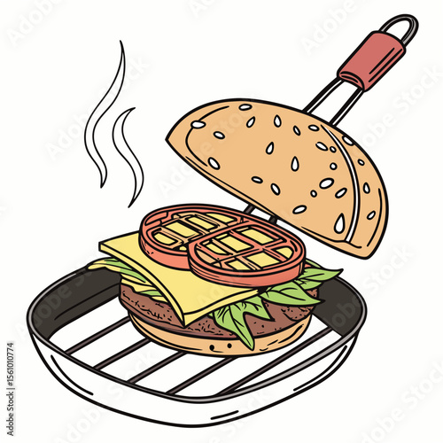 Burger cooking on grill with steam food hamburger