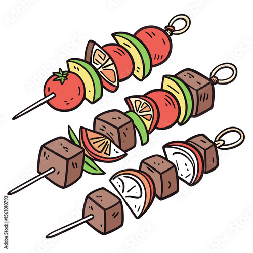 Three skewers of meat and vegetables tomato avocado