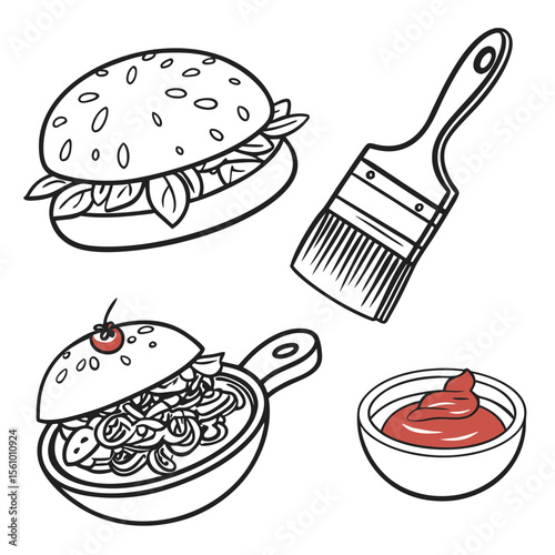 Burger with tomato and sauce brush with ketchup in bowl vector