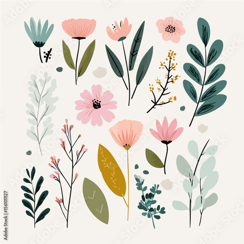 Plant leaves and flower textures, exquisite vector floral patterns.