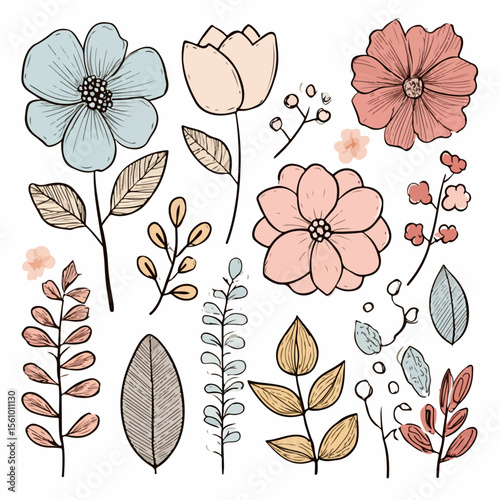 Plant leaves and flower textures, exquisite vector floral patterns.