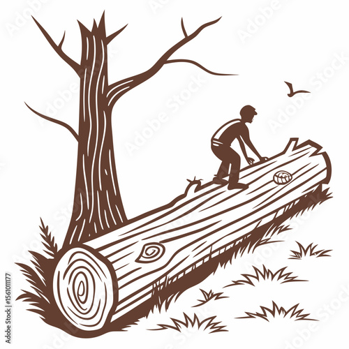 Man balancing on large log near tree nature