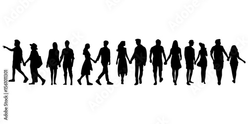 Silhouettes of couples holding hands and walking together
