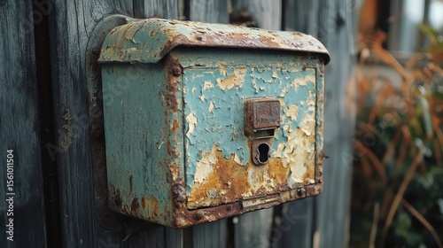 Old mailbox with peeling paint with rusted edge rural backdrop and weathered charm ideal for vintage or small-town content