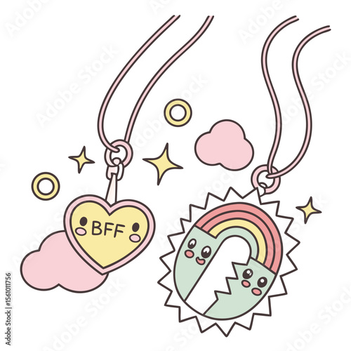 Kawaii bff necklaces heart rainbow clouds stars vector