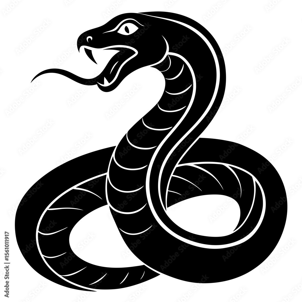 Obraz premium Stylized black cobra snake with open mouth and forked tongue