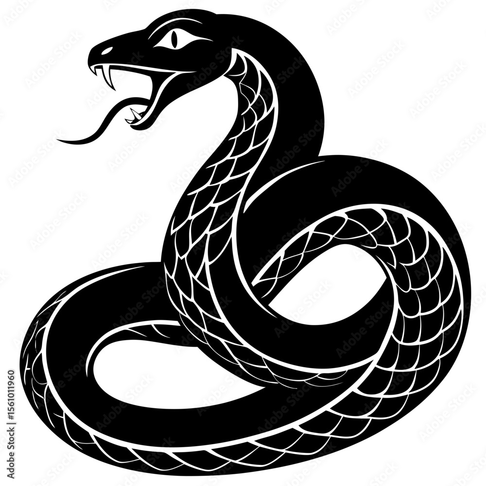 Fototapeta premium Stylized black snake silhouette with open mouth and forked tongue