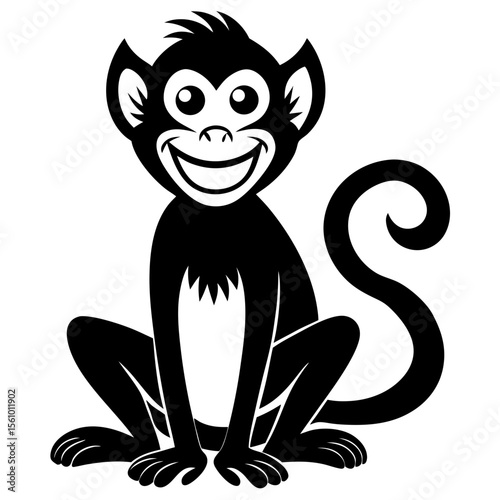 Happy cartoon monkey sitting with a big smile and curly tail
