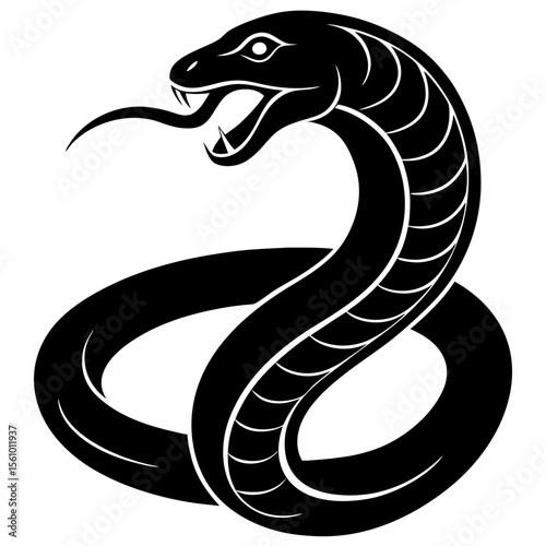 Stylized black cobra snake with open mouth and forked tongue