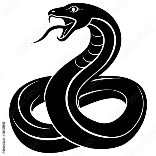 Stylized black cobra snake with open mouth and forked tongue