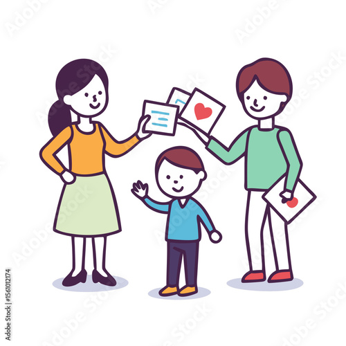 Family receiving handmade cards children parents