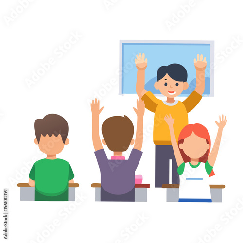 Children raising hands in classroom students learning