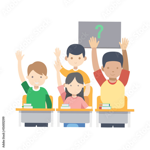 Children raising hands in classroom learning education