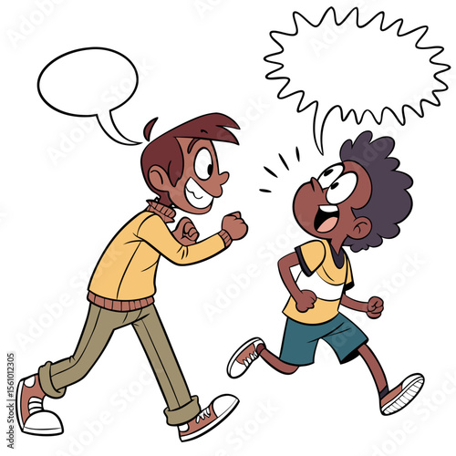 Two boys running and talking in comic style speech bubbles