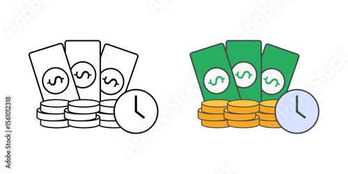 Upcoming payment icon with clock and money symbol, perfect for finance reminders, BNPL tracking, and payment schedule illustrations.