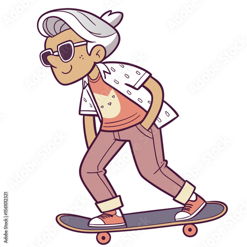 Cool grandpa with grey hair and sunglasses skateboarding vector