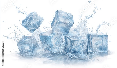 Fresh ice cubes vector, cold splash, isolated on white, transparent PNG, frozen water, realistic cool effect, melting ice, chilled beverage element, refreshing frost, clear icy texture. High quality
