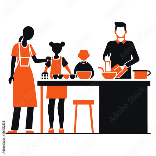 Family cooking together in kitchen with orange aprons and bowls children parents