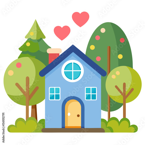 Blue house with heart windows and green trees nature cute