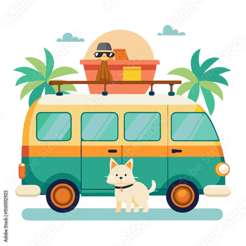 Green orange van with cat palm trees and luggage travel