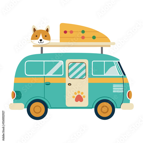 Teal retro camper van with dog and surfboard cargo orange